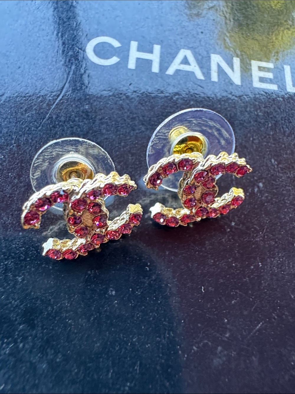 CHANEL Gold-Tone CC Stud Pierced Earrings with Pink Crystals